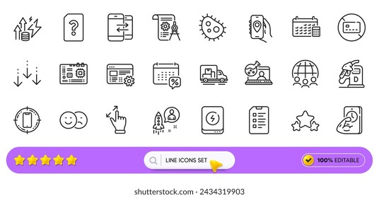 Checklist, Diesel station and Energy inflation line icons for web app. Pack of Stars, Bacteria, No card pictogram icons. Touchscreen gesture, Fitness, Unknown file signs. Motherboard. Vector