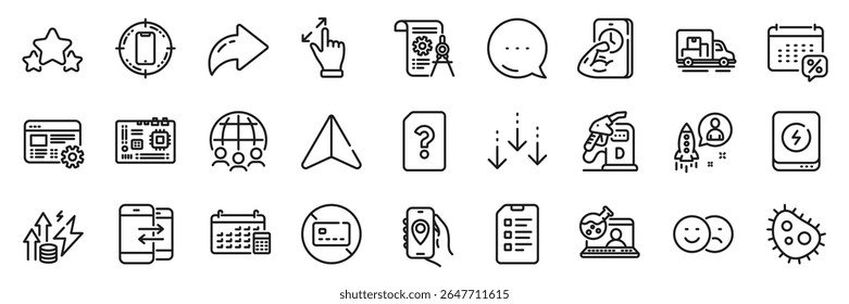 Checklist, Diesel station and Energy inflation line icons pack. Share, Message, Paper plane icons. Stars, Bacteria, No card web icon. Touchscreen gesture, Fitness, Unknown file pictogram. Vector