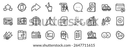Checklist, Diesel station and Energy inflation line icons pack. Share, Message, Paper plane icons. Stars, Bacteria, No card web icon. Touchscreen gesture, Fitness, Unknown file pictogram. Vector