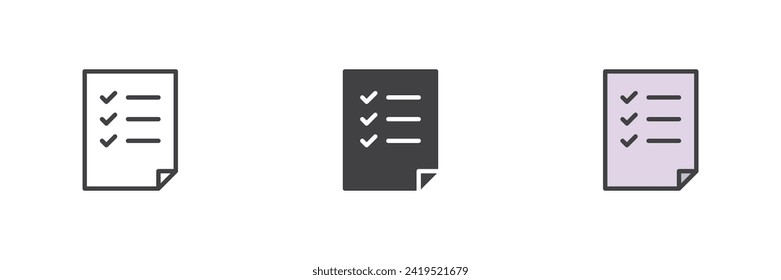 Lista de comprobación de un conjunto de iconos de estilo diferente. Línea, glifo y contorno relleno versión colorida, contorno y signo vectorial relleno. Para hacer la lista Símbolo, ilustración del logotipo. Gráficos vectoriales