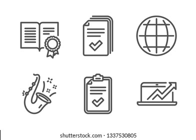Checklist, Diploma and Globe icons simple set. Handout, Jazz and Sales diagram signs. Survey, Document with badge. Education set. Line checklist icon. Editable stroke. Vector