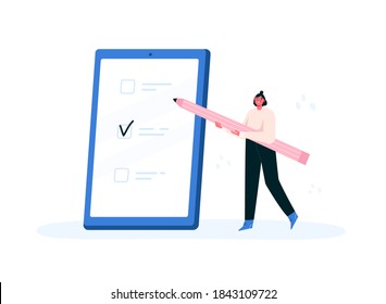 Checklist, to do check list. Woman holding a pencil and marking done tasks on a phone. Concept of successful task completion, planning, productivity, time management. Flat vector illustration.