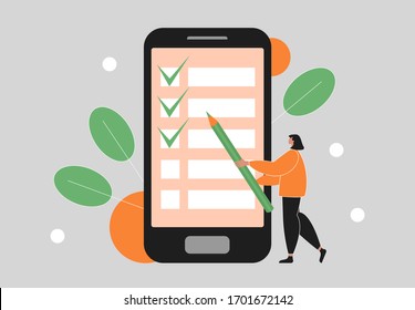 Checklist, to do list app for a smartphone. Woman holding a pencil and marking done tasks on a mobile phone. Idea of an online survey, questionnaire. Girl completes goals. Flat vector illustration