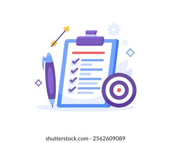 checklist or to do list concept. list of goals and targets. vision and mission. business planning and strategy. illustration of a clipboard with pen, dart board, darts. flat style design. elements