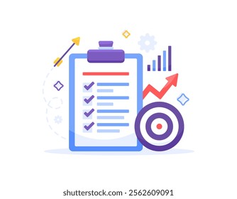 checklist or to do list concept. list of goals and targets. vision and mission. business planning and strategy to grow. illustration of a clipboard with graph, dart board, darts. flat style design