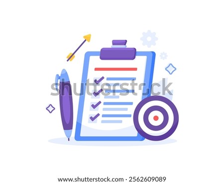 checklist or to do list concept. list of goals and targets. vision and mission. business planning and strategy. illustration of a clipboard with pen, dart board, darts. flat style design. elements