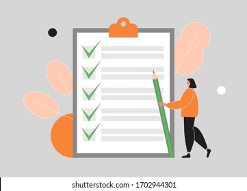 Checklist, to do list concept. Woman holding a pencil and marking done tasks on a clipboard. Idea of a survey, questionnaire or poll. Girl completes goals. Flat vector illustration