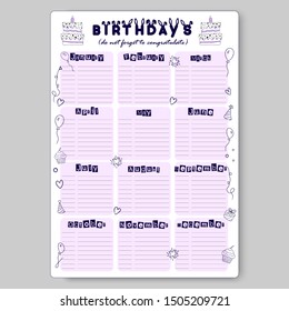 Checklist, do not forget to wish your friends and relatives a happy birthday. Reminder every month. Vertical template. Vector