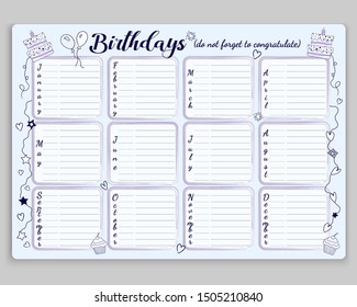 Checklist, do not forget to wish your friends and relatives happy birthday. Reminder every month. Vector