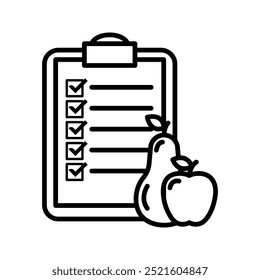 Documento de lista de verificação com frutas, ilustração de alimentação saudável e ícone de plano de dieta vetor