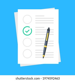 Checklist. Document with green check marks and pen. Modern flat design graphic elements. Vector illustration