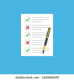 checklist or document with green checkmarks and red crosses. Application form, completed tasks, to-do list, survey concepts.stock vector illustration isolated on blue background.10 eps.