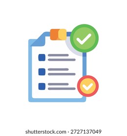 Un documento de lista de comprobación con marcas de verificación verdes y amarillas que indican que se ha completado. La Imagen es de estilo Vector.