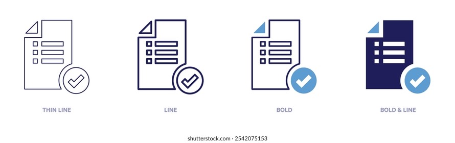 Icono de documento de lista de comprobación en 4 estilos diferentes. Línea delgada, línea, negrita y línea negrita. Estilo duotono. Trazo editable.
