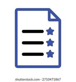 Icono de documento de lista de comprobación. Página azul delineada con una esquina doblada y elementos marcados con estrellas. Vector de tareas, calificaciones, calidad y lista de prioridades.