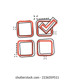 Checklist document icon in comic style. Survey cartoon vector illustration on white isolated background. Check mark choice splash effect business concept.