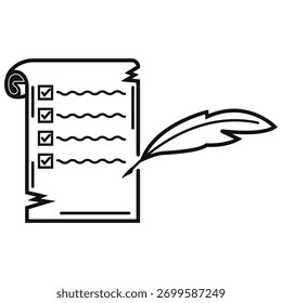 Ícone do documento da lista de verificação com a ilustração do vetor da pena de pena - bordas de rolagem clássicas vintage