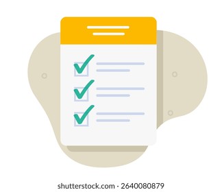 Checklist document icon illustration flat cartoon, check list modern paper survey form, examination inspection test quiz with questions notest, task agenda, inventory registration doc file