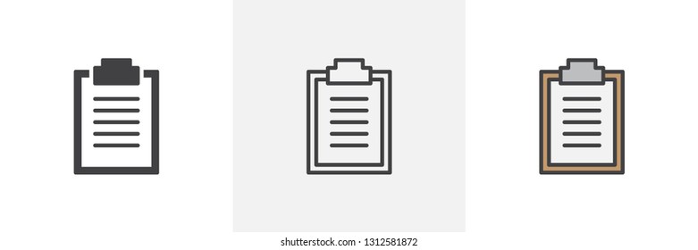 Checklist document icon. Line, glyph and filled outline colorful version, paper clipboard outline and filled vector sign. Symbol, logo illustration. Different style icons set. Pixel perfect vector