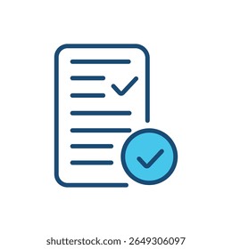 Ícone de Documento da Lista de Verificação - Relatório Médico Verificado ou Formulário de Aprovação em Estilo Plano e Linha, ícone vetorial em estilo Plano de um documento ou relatório com marcas de verificação, representando uma lista de verificação concluída.