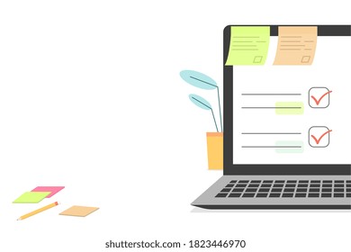 Documento de lista de comprobación en el vector de portátil y escritorio de trabajo. Computadora de dibujos animados con marcas de verificación