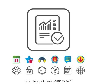 Checklist document line icon. Analysis Chart or Sales growth report sign. Statistics data symbol. Calendar, Globe and Chat line signs. Binoculars, Award and Download icons. Editable stroke. Vector