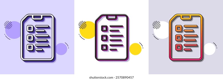 Checklist Document line icon. Halftone dotted pattern. Gradient icon with grain shadow. Information File sign. Paper page concept symbol. Line checklist icon. Various designs. Vector