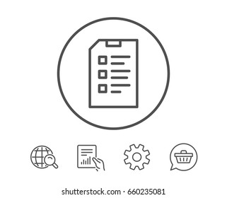 Checklist Document line icon. Information File sign. Paper page concept symbol. Hold Report, Service and Global search line signs. Shopping cart icon. Editable stroke. Vector