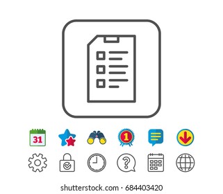 Checklist Document line icon. Information File sign. Paper page concept symbol. Calendar, Globe and Chat line signs. Binoculars, Award and Download icons. Editable stroke. Vector