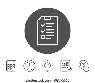 Checklist Document line icon. Information File sign. Paper page concept symbol. Report, Clock and Calendar line signs. Light bulb and Click icons. Editable stroke. Vector