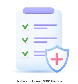 Checklist document medical insurance with shield icon. Health, finance, protect, service concept. Vector illustration in cartoon minimal style