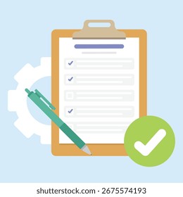 Documento de lista de comprobación en un Portapapeles con una marca de verificación verde y un lápiz.