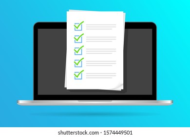 Checklist document on laptop vector illustration. flat cartoon computer with paper checklist and to do list with checkboxes, concept of survey. online quiz, completed things or done test, feedback
