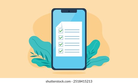 A checklist document on a phone screen. All boxes checked in green. Vector graphics in flat design style.