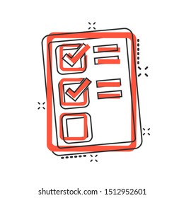 Checklist document sign icon in comic style. Survey vector cartoon illustration on white isolated background. Check mark banner business concept splash effect.