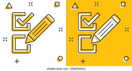Checklist document sign icon in comic style. Survey vector cartoon illustration on white isolated background. Check mark banner business concept splash effect.
