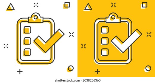 Checklist document sign icon in comic style. Survey vector cartoon illustration on white isolated background. Check mark banner business concept splash effect.