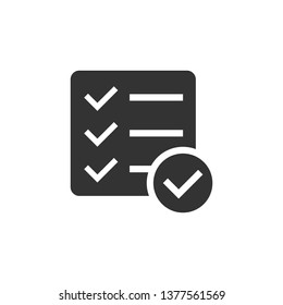 Checklist document sign icon in flat style. Survey vector illustration on white isolated background. Check mark banner business concept.