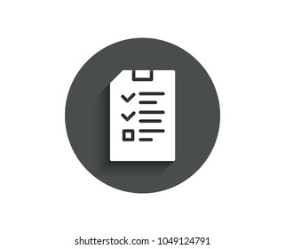 Checklist Document simple icon. Information File sign. Paper page concept symbol. Circle flat button with shadow. Vector