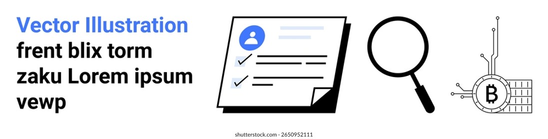 Documento de lista de verificação com ícone do usuário e marcas de verificação, lupa, símbolo Bitcoin com circuito. Ideal para verificação de identidade digital, análise de dados, pesquisa, documentação, criptomoeda