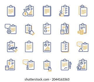 Checklist documents line icons. Agreement info, Clipboard manager, Accounting Report. Medical schedule, Document list and Voting checklist line icons. Data calculation, Contract document. Vector