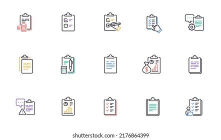 Checklist documents line icons. Agreement info, Clipboard manager, Accounting Report. Medical schedule, Document list and Voting checklist line icons. Data calculation, Contract document. Vector