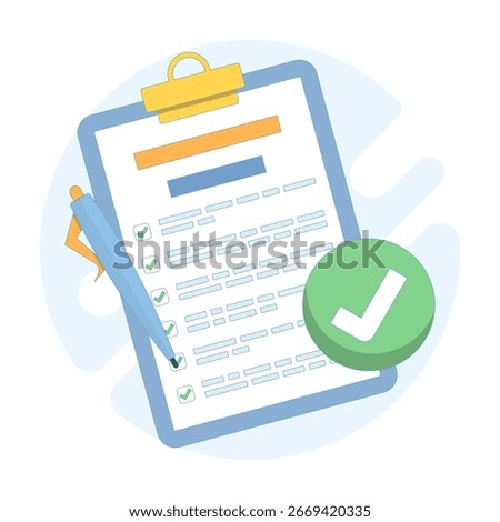 Checklist documents on clipboard with approval and rejection marks. Illustration of accepted and declined papers, document review process, and task validation in flat vector design.