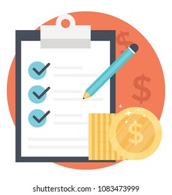 
A Checklist With Dollar Coins And Pencil, Concept Of Financial Plan Flat Icon
