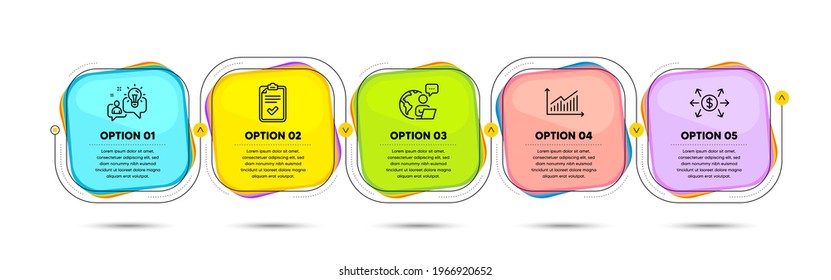 Checklist, Dollar exchange and Graph line icons set. Timeline process flowchart. Idea sign. Survey, Payment, Presentation diagram. Solution. Education set. Infographics timeline banner. Vector