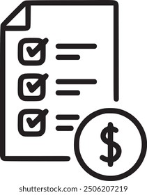 Checklist with dollar sign, representing financial planning or budgeting. Checklist with dollar sign icon representing financial planning, budgeting, and expense management. EPS