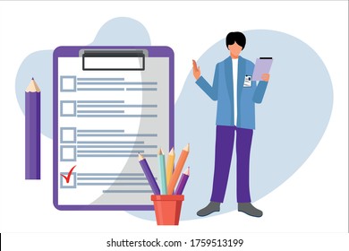 Lista de verificación. Elecciones. Hombre con lista de verificación y casillas de verificación. Plan de negocio, estrategia de marketing, encuesta, tareas completadas, conceptos de éxito de trabajo en equipo. Diseño moderno y plano. Ilustración del vector