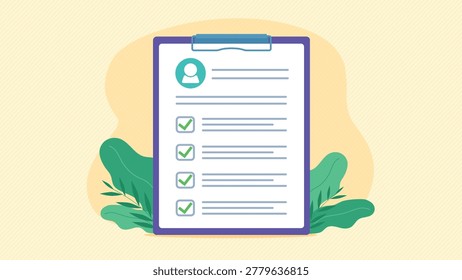 Checklist with employee profile. Form completed correctly, with all answers marked with a green checkmark. Employee data including avatar. Flat design illustration vector.