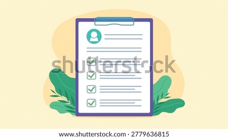 Checklist with employee profile. Form completed correctly, with all answers marked with a green checkmark. Employee data including avatar. Flat design illustration vector.
