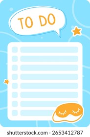 Checklist com linhas vazias para anotar tarefas e metas, promover a produtividade e a organização, com uma máscara de sono enfatizando a importância do repouso para um desempenho ideal